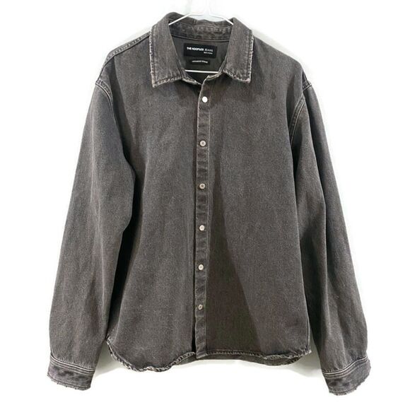 The Kooples Japanese Rigid Denim Snap Front Shirt - Washed Black M